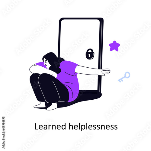 Learned helplessness, psychology concept. Helpless person refusing, rejecting help, ignoring solution to problem. Key ignorance, rejection. Flat vector illustration isolated on white background