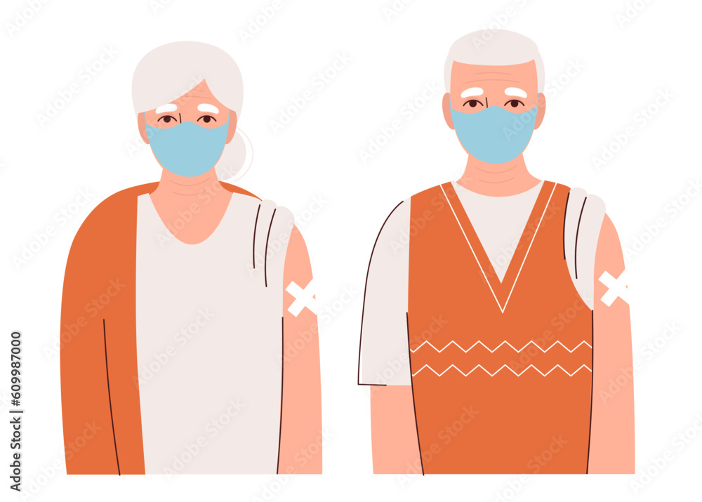 Vaccination of the elderly. Old woman and man in medical mask with band-aid on hands. Protection of people from coronavirus and other viruses, epidemics.Flat vector illustration on white background Vaccination of the elderly. Old woman and man in medical mask with band-aid on hands. Protection of people from coronavirus and other viruses, epidemics.Flat vector illustration on white background