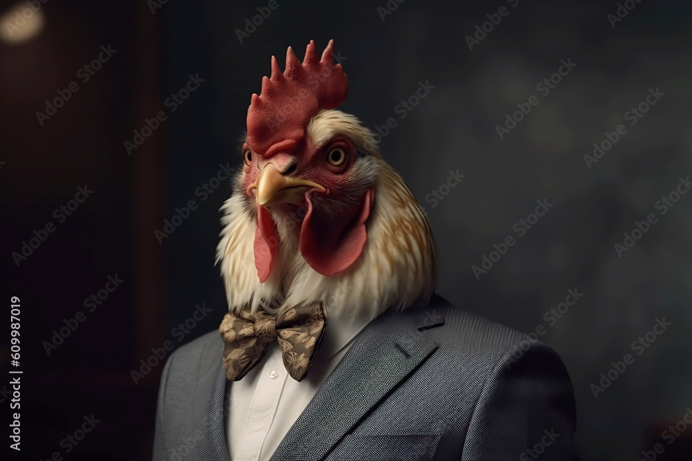 Portrait of a Chicken dressed in a formal business suit, created with generative AI