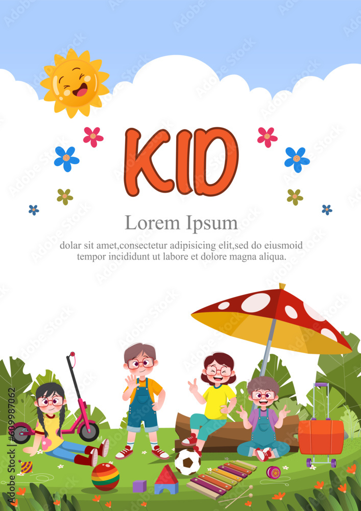 Obraz premium Cute children play outside. template for advertising brochures, ready for your text, poster, background, website.Style of kids drawings.