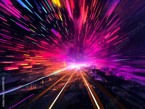 Abstract futuristic background with light rays and speed lines. 3D rendering. Generative AI