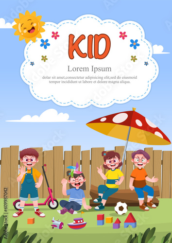 Cute children play outside. template for advertising brochures, ready for your text,  poster, background, website.Style of kids drawings.