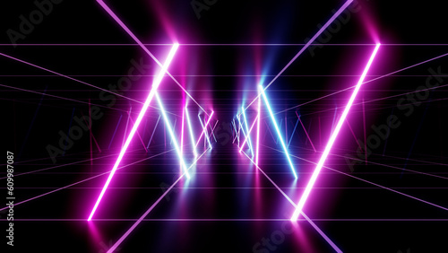 Neon Line Tunnel glowing Fluorescent light corridor stage 3D illustration background