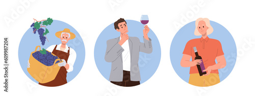 Round composition with cartoon people enjoying wine making process from organic grapes harvest