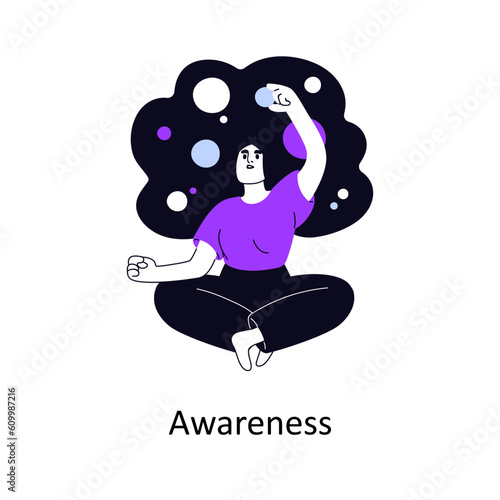 Self-awareness, mental health, mindfulness, psychology concept. Awared focused woman with ideas, insights, thoughts, beliefs, inner world. Flat graphic vector illustration isolated on white background