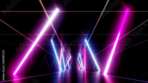 Neon Line Tunnel glowing Fluorescent light corridor stage 3D illustration background © bluebackimage