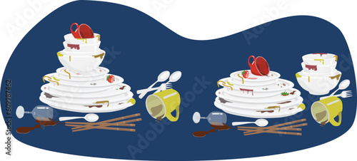 Stack of dirty dishes on wood table. Pile of unwashed dishes with food stain. White kitchen household before being washed. Detergent label design template. Flat vector  in cartoon style. Crockery set.