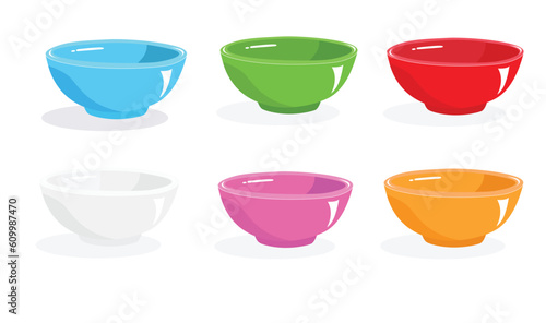 White and multicolor ceramic bowl stack vector illustration. Flat vector isolated on white background. Multicolor bowl set clipart in cartoon style isolated on white background. Crockery set. 