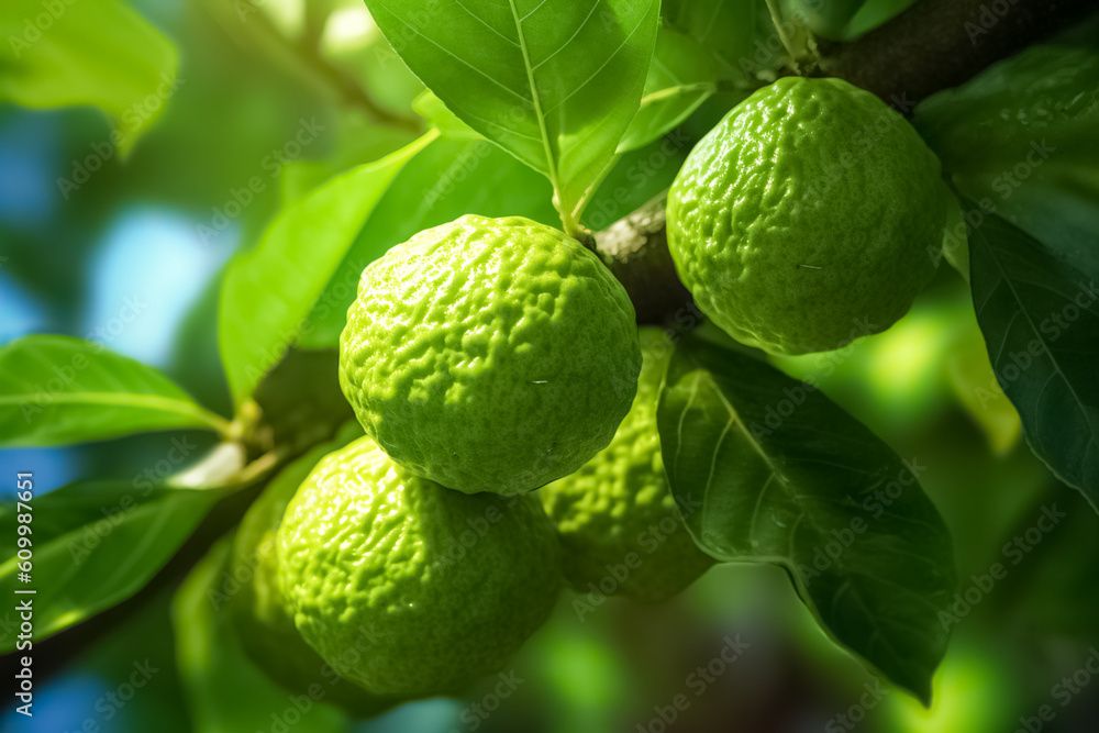 Fresh bergamot fruits on the tree in sunlight. Bergamot for food ingredients.
