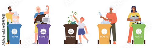 Set of people cartoon characters separating garbage, sorting waste and throwing out rubbish