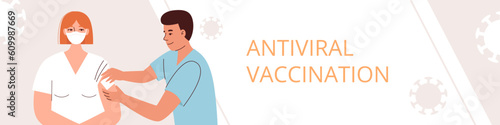 The doctor gives the vaccine to a young woman. Vaccination and health care during the coronavirus pandemic, antiviral medicine. Banner for website. Flat vector illustration