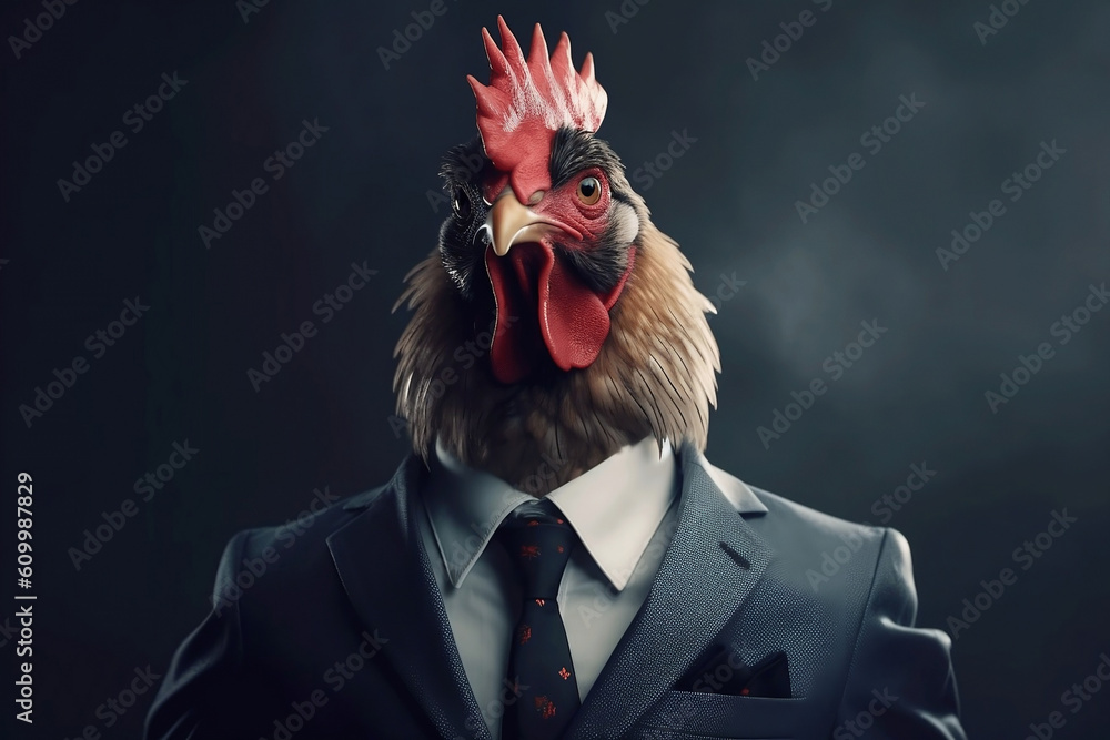 Portrait of a Chicken dressed in a formal business suit, created with generative AI