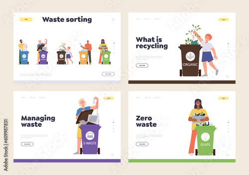Waste management, sorting and recycling concept for set of landing page design website template