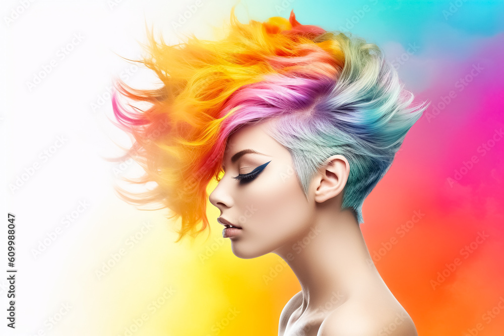 Woman with vibrant multicolour rainbow-inspired hairstyle; concept of LGBT pride, LGBTQ people, LGBTQ rights campaign. Created with Generative AI technology