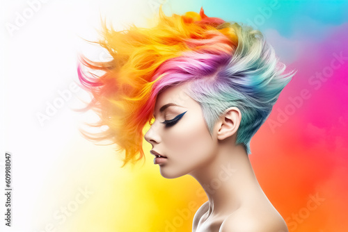 Woman with vibrant multicolour rainbow-inspired hairstyle; concept of LGBT pride, LGBTQ people, LGBTQ rights campaign. Created with Generative AI technology