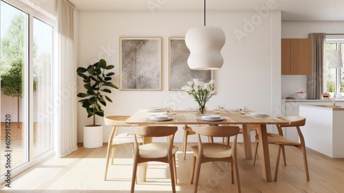 Interior design inspiration of Contemporary Scandinavian style home dining room loveliness decorated with Glass and Wood material and Window .Generative AI home interior design . photo