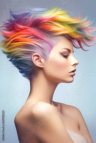 Woman with vibrant multicolour rainbow-inspired hairstyle; concept of LGBT pride, LGBTQ people, LGBTQ rights campaign.  Created with Generative AI technology