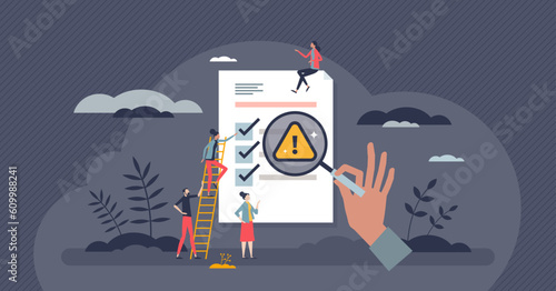 Risk assessment and safety checklist business evaluation tiny person concept. Company document inspection for possible threats and problem points for investment and finances vector illustration.