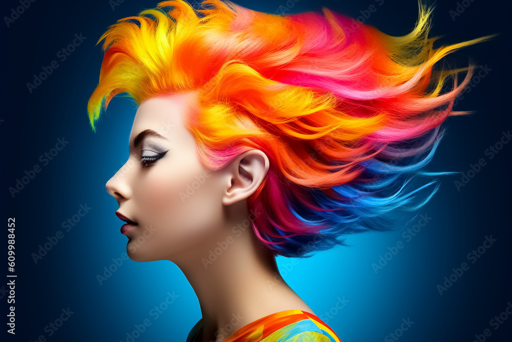 Woman with vibrant multicolour rainbow-inspired hairstyle; concept of LGBT pride, LGBTQ people, LGBTQ rights campaign. Created with Generative AI technology