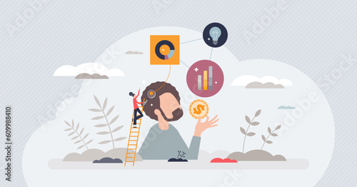 Consumer behavior understanding to make effective ads tiny person concept. Psychological principles apply to marketing campaigns to make buyer buy more and spend to purchases vector illustration.