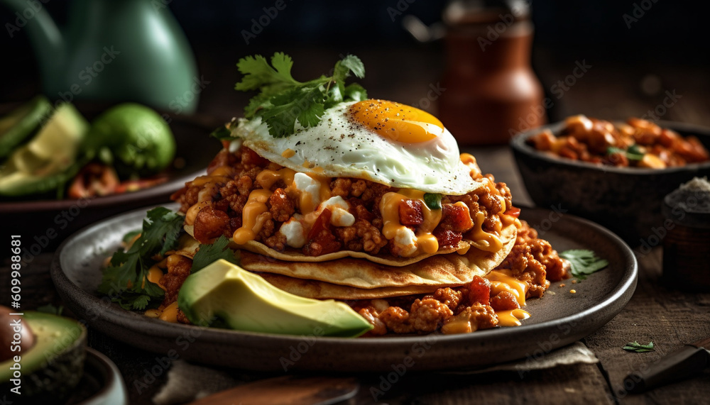 Rustic homemade taco with grilled meat, avocado, and spicy sauce generated by AI