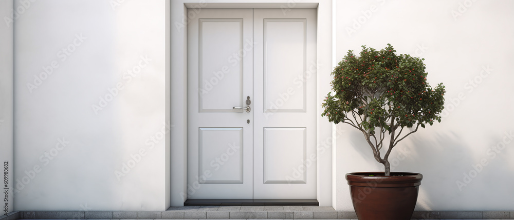 Mockup with facade of a modern house with front door, potted flowers.entrance home exterior. patio, backyard in a modern house. doorway. Minimalism. Generative ai