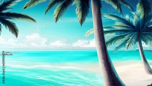 background featuring palm trees  crystal-clear turquoise waters  and white sandy beaches. This tropical paradise will transport viewers to an idyllic getaway.