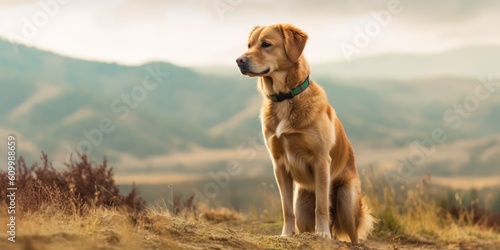 Dog with Nature Background - Wallpaper with Dog and empty copy space for text - Cute Beautiful Dog Backdrop created with Generative AI Technology