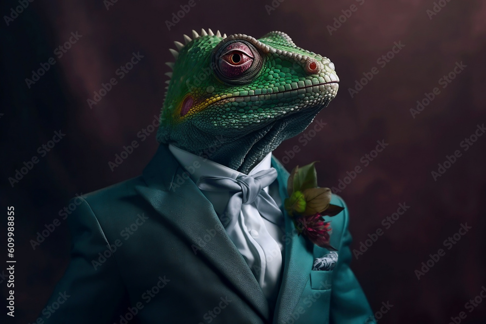 Portrait of a Chameleon dressed in a formal business suit, created with generative AI Portrait of a Chameleon dressed in a formal business suit, created with generative AI
