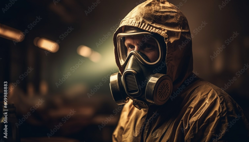 One man in protective suit and gas mask works outdoors generated by AI One man in protective suit and gas mask works outdoors generated by AI