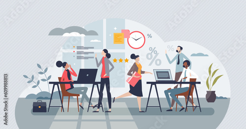 Employee engagement as HR strategy for team loyalty tiny person concept. Appreciation, financial bonus percentage and career development option as motivation for company personnel vector illustration