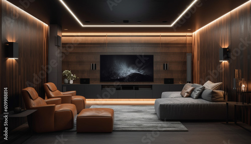 Modern apartment with elegant decoration illuminated by natural lighting equipment generated by AI