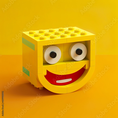 3D illustration of a funny yellow toy block with eyes and mouth Generative AI