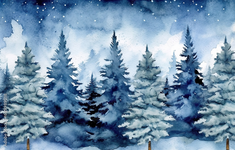 Watercolor winter landscape with fir trees and snowflakes. Watercolor illustration. Generative AI