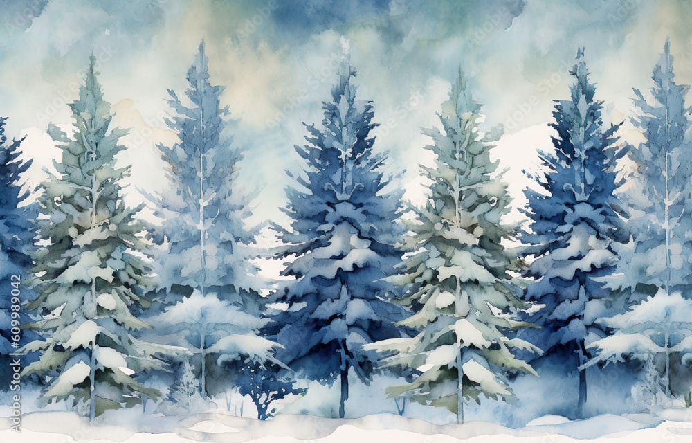 Watercolor winter landscape with snowy fir trees. Watercolor illustration Generative AI