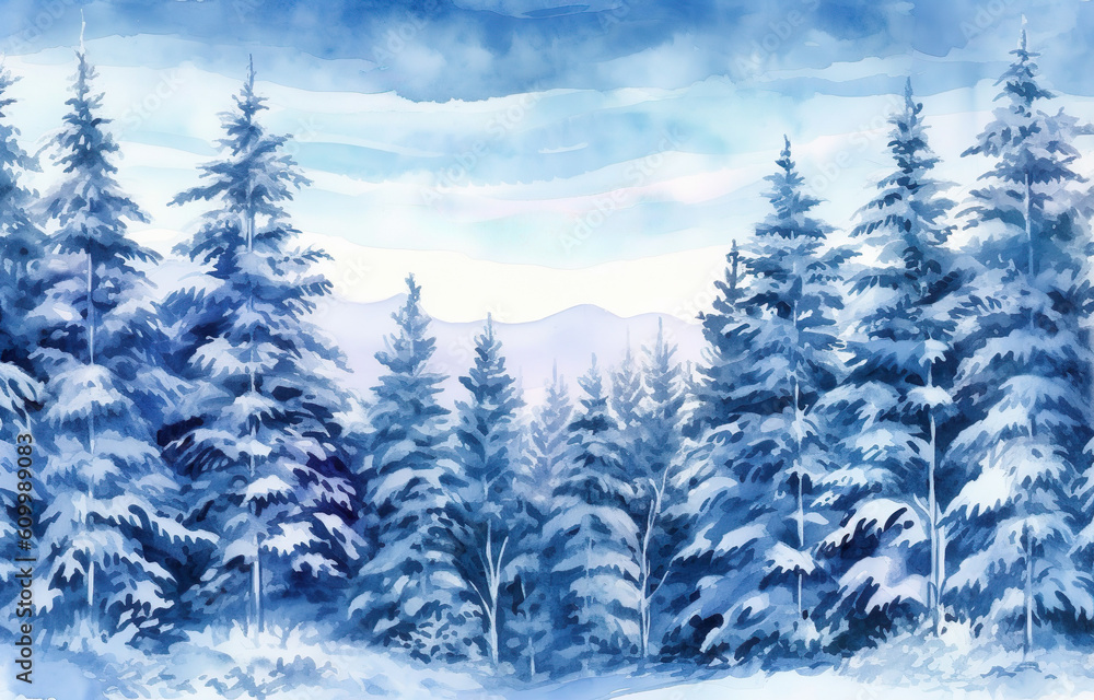 Winter forest landscape. Watercolor hand drawn illustration. Blue and white colors Generative AI
