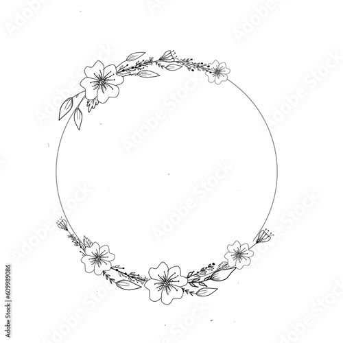 Elegant Wedding Invitation with Minimalist Floral Wreath Design: Hand-Drawn Line Art and Flourishes Ornament Illustration