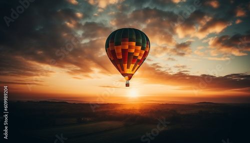 Hot air balloon flying high in mid air over mountain landscape generated by AI