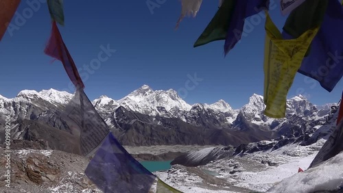 Tibetan colourful prayer flags with Everest Himalaya mountain
Slow motion shot from Nepal, 2023
