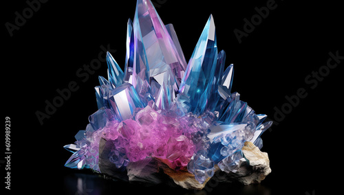 Crystal on a black background with reflection. Blue and pink crystals Generative AI