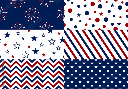 Seamless patterns set. Blue USA background with stars and red and white stripes. Patriotic background for Memorial day, Veteran's day, Martin Luther King Day and Columbus Day, Independence holiday