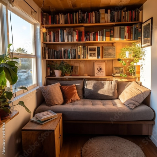 A mini library in the living room of a tiny house. Books are neatly arranged on a wooden book rack, a comfortable sofa for two people, and a white wall.  © Aisyaqilumar