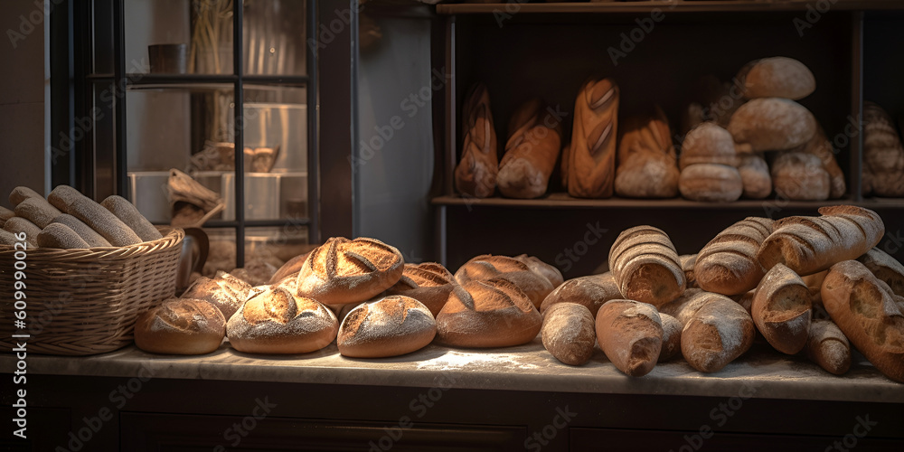 Loaves of fresh baked bread on the shelves of bakehouse. AI generated Loaves of fresh baked bread on the shelves of bakehouse. AI generated