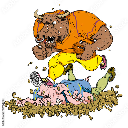 Bull football player stepping on a pig from the opposite team that sinks in the mud. Angry bull full of sweat and a pig during an american football game. Sport illustration concept. photo