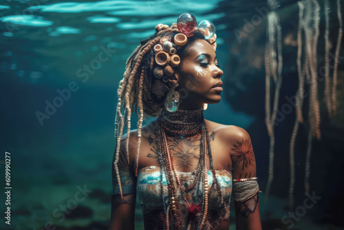 Beautiful mermaid girl at the bottom of the ocean 
