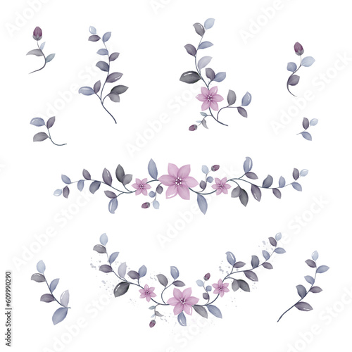 Set of watercolor branches with violet purple flowers and green leaves, vector illustration