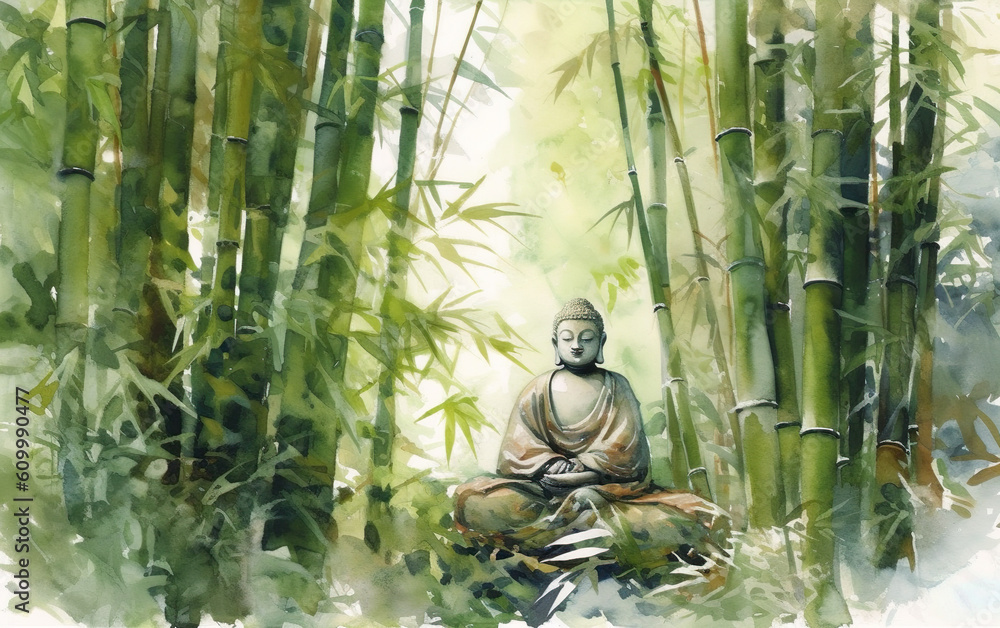 Buddha statue in the bamboo forest. Watercolor painting Generative AI