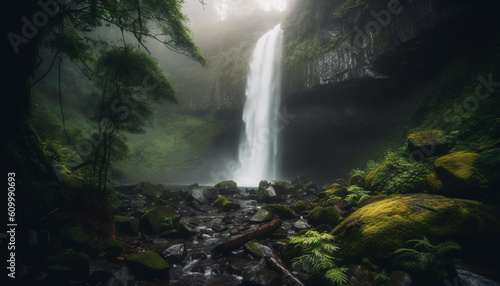 Tranquil scene of a dark ravine with flowing water and green foliage generated by AI