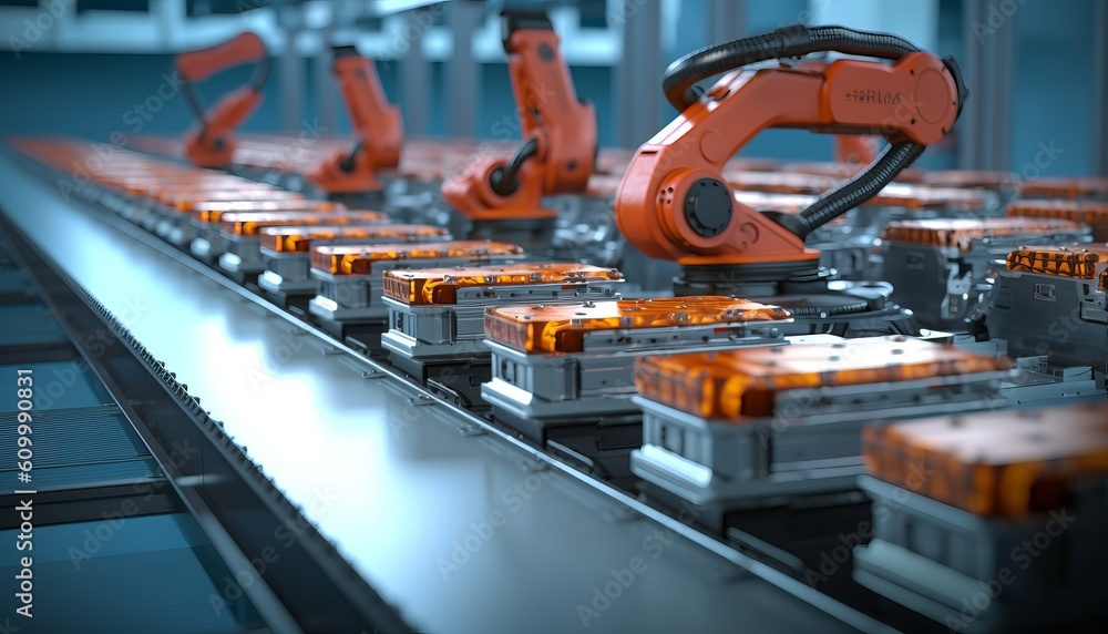 Robot assembly line with electric car battery cells module on platform ...