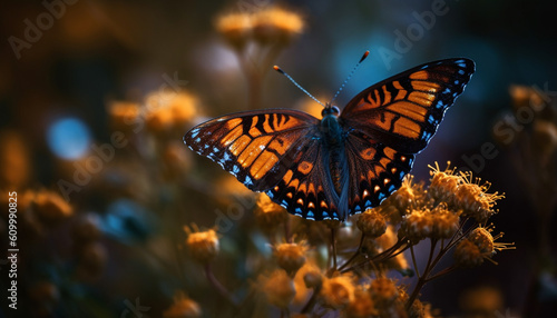 Multi colored butterfly in nature tranquil scene showcases natural beauty generated by AI